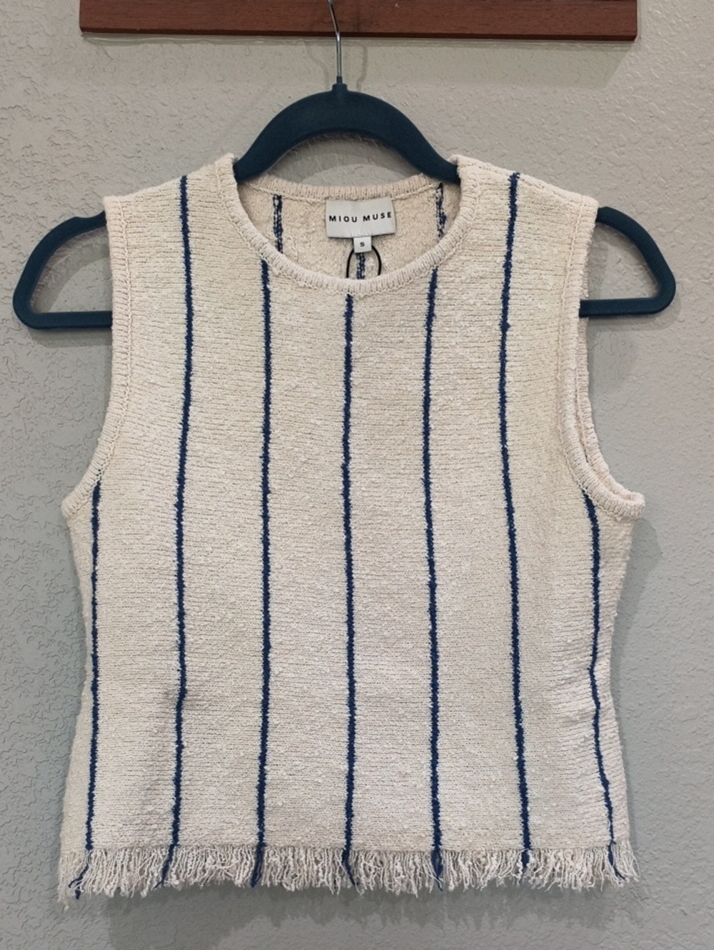 New Cream Sleeveless Knit Top with Navy Stripe